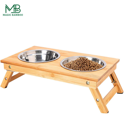 Alimentateur pour animaux de compagnie pliable en bambou, antidérapant, deux bols
