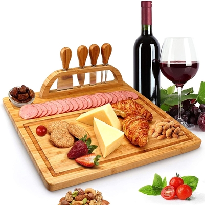 Ensemble de plaques de fromage de bambou avec tiroir de couverts Rectangle Plaque de bambou et ensemble de couteaux de fromage