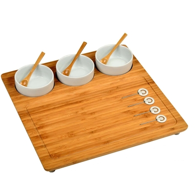 Le tableau de fromage en bambou écologique comprend 3 bols en céramique cuillères et marqueurs de fromage