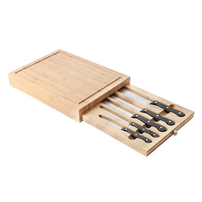 Bloc de coupe de cuisine en bambou naturel avec 1 tiroir et 5 pièces couteaux