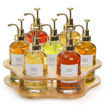 Organiseur de sirop de café à rotation en bambou à un seul niveau, support de 7 bouteilles Lazy Susan 33 x 35 x 8,7 cm