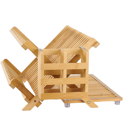 Étagère de séchage de vaisselle en bois de bambou pliable à 3 niveaux avec porte-outils