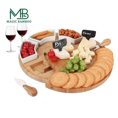 Cuve de serveur en céramique naturelle amovible avec plaque de fromage de bambou ronde 33X33X5CM