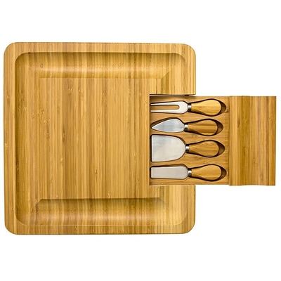 Planche de coupe de fromage en bambou avec couteau et fourchette carrés en forme de rectangle
