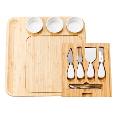 Blocs de coupe rectangulaires et 3 bols en céramique couteau ensemble plaque de fromage de bambou pour la cuisine Pizza cadeau