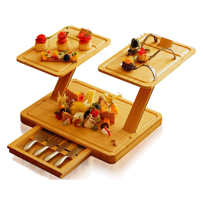Plateau modulaire en bambou avec tiroir coulissant et plateau de fromage à 3 niveaux