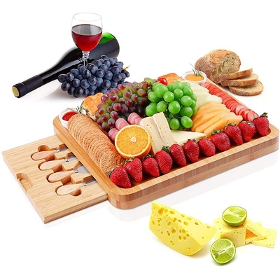 Plate de fromage en bambou avec couteau et fourchette et 2 bols en céramique 44x33x4cm Rectangle