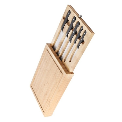Tableaux de coupe en bambou pliables à tiroir pour rangement de cuisine et ensemble de couteaux inclus
