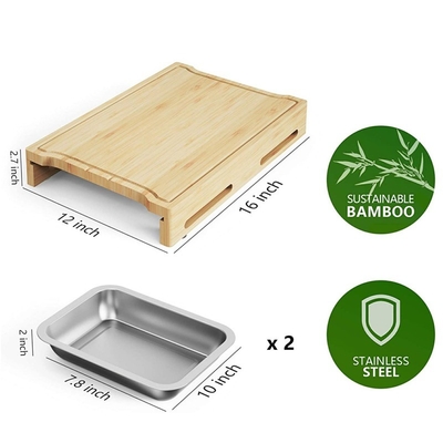 Planche à découper en bambou rectangulaire durable sur mesure avec plateaux à goutte à goutte en acier inoxydable