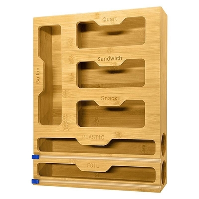 Organisateur de stockage de sacs ziplock en bambou 6 en 1 avec coupeuse