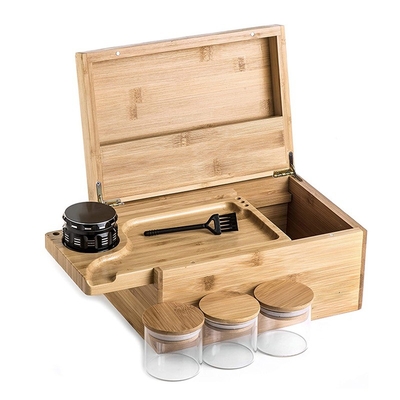 Boîte de stockage en bambou avec broyeur à herbes, plateau à roulement et bâton pour outils de poche