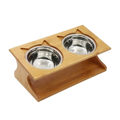 35x17.5x13cm Bambou alimentation élevée pour chiens et chats avec 2 bols en acier inoxydable