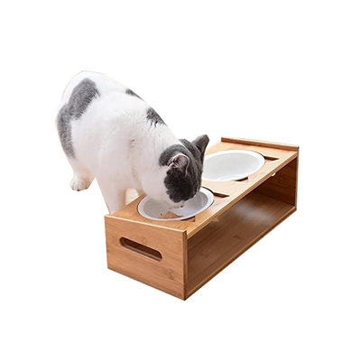 Animal de compagnie naturel alimentateur de salle à manger avec 2 bols en céramique amovibles