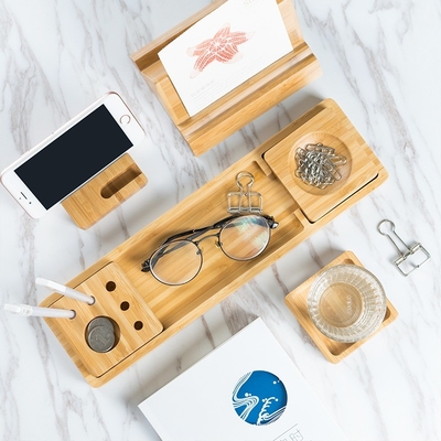 Organiseur de bureau en bambou durable avec support de smartphone et support de pinces à papier