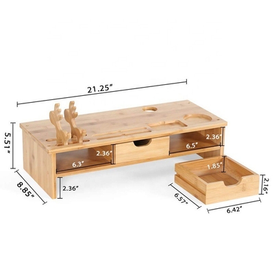 Moniteur d'ordinateur en bambou à un seul niveau 54x22.5x14 cm avec support de bureau et 2 tiroirs