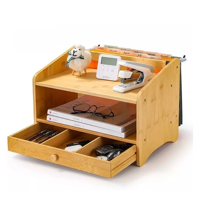 Organiseur de bureau en bambou de type debout non pliable avec tiroir et boîte de rangement