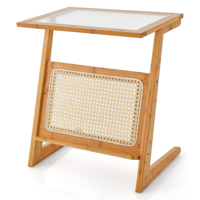 Couleur naturelle en forme de Z en bambou et en rotin Table d'extrémité avec plafond en verre et étagère à magazines