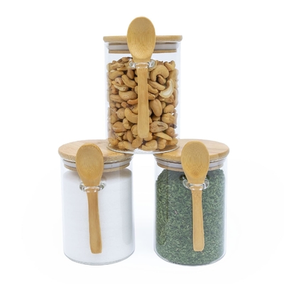Ensemble de stockage pratique de 3 pots en verre hermétiques avec couvercles et cuillères en bambou