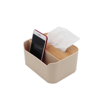 Organisateur de table avec boîte à tissus en plastique et couvercle en bambou